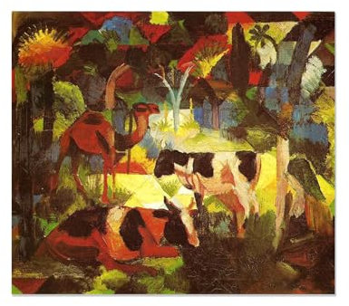 MOBYAT Rahmenlos August Macke Kunstdruck Poster,Landschaft mit Kühen und Kamelen,Bilder auf Leinwand,August Macke Bild,Bilder Deko Schlafzimmer60x50cm(24x20in)