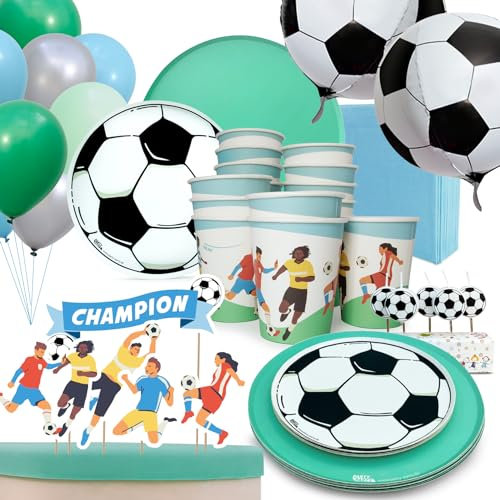 PARTY PARTY 97 Teile Fußball Geburtstag Set Grün 16 Gäste, EM PARTYGESCHIRR + CAKETOPPER + KERZEN+ BALLONS, Fußballparty Geburtstag Fußball Deko Jungen Mädchen