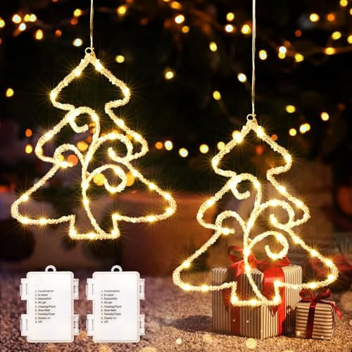 ELKTRY Christmas Window Lights,Sparkling Like Crystal Christmas Tree 140 LEDs with Timer, 2PC Battery Operated Christmas Window Decoration Lights for Christmas, Wedding, Birthday Party