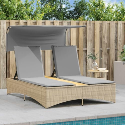 Gecheer Doppel Sonnenliege mit Dach, Gartenliege Doppelliege Relaxliege Sonnenbett Doppelbett Gartenmöbel Liege Beige Poly Rattan