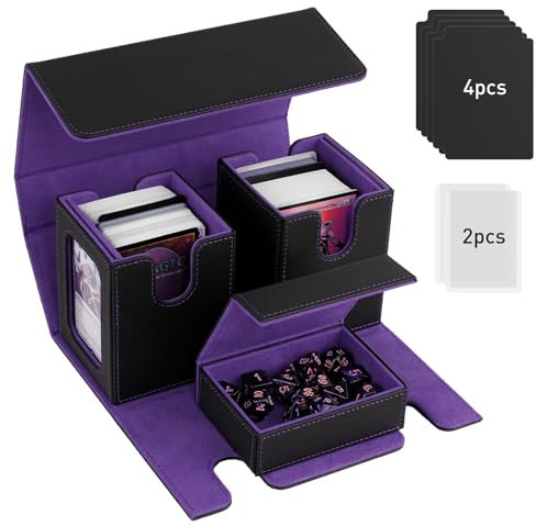 TiMOVO MTG Deck Box, Commander Deck Case Fits 200+ Double-Sleeved Cards, Magnetic Leather Card Storage Box with 2 Commander Display & 4Dividers & Dice Tray Fit YuGiOh TCG CCG Magic Cards, Black+Purple
