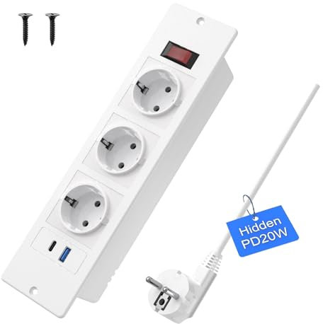 Prise encastrée USB C 20W, Bloc multiprise 3 Prises avec câble 2m, pour Meubles ou Plans de Travail (Blanc)