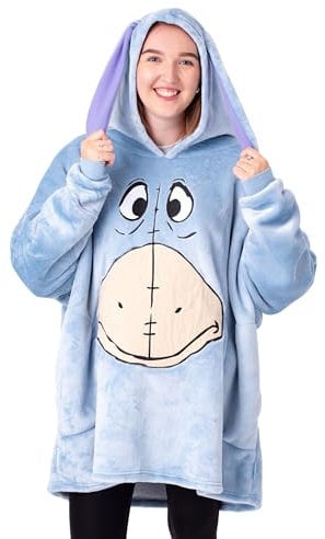 Disney Eeyore Damen tragbarer Decken-Hoodie | Blauer Kapuzenpullover für Erwachsene mit Esel-Charaktergesicht | Damen-Loungewear mit Sherpa-Futter, Einheitsgröße, 3D-Ohren