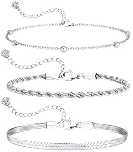 Aucuu Armband Damen, 3 Stück Ketten Armbander für Damen, Silver Armband Set, Damen Edelstahl Ketten Armbänder Set, Verstellbare Stapelbare Kettenarmband, Schmuck für Damen Frauen