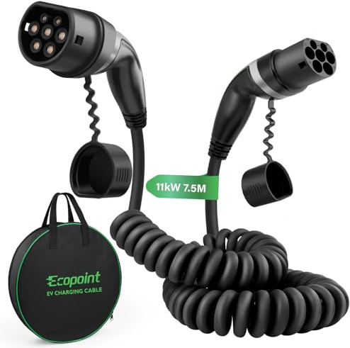 ECOPOINT 11-7.5-SPR Typ 2 Ladekabel für Elektrofahrzeuge, 11 kW, tragbares 3-Phasen 16A, Mennekes Mode 3 Ladekabel für EV und PHEV (7.5M Spiralkabel)