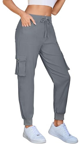Damen Cargo Jogginghose Multifunktions Outdoor Wanderhose Lang Leichte High Waist Stretch Sport Trekkinghose Multi Taschen (B Grau, L)