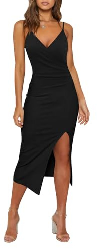 WAYMAKER Cocktail Dresses for Women Sexy V Neck Spaghetti Strap Wrap Ruched Side Slit Bodycon Party Wedding Guest Formal Dress, Black, Small