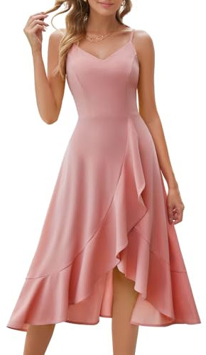DRESSTELLS Cocktail Dress for Women, Formal Wedding Guest Bridesmaid Aline Fit Flare Modest Homecoming Prom Party High Low Ruffle Dresses Blush M