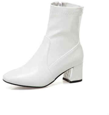 FQMAYPO Donna Stivaletti in Pelle Verniciata con Punta Quadrata Stivali Invernali con Tacco Chunky Zip Laterale Stivali Chelsea Eleganti alla Moda Tacco A Blocco Stivali Biker,Bianca,35 EU