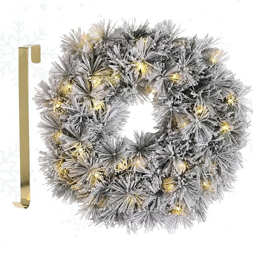 MeisterHome ® Künstlicher Weihnachtskranz Adventskranz für Tür Ø 50 cm - Weihnachtlicher Türkranz für Innen und Außen mit 35 LEDs, Timer und Schnee-Dekoration + Goldfarbener Aufhänger