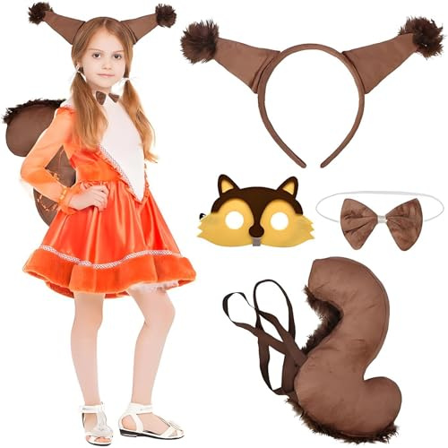 Sternstunde Kinder Tierkostüm, Eichhörnchen Mädchen Verkleidung - Eichhörnchen Kostüm, mit Ohren, Schwanz, Maske, Krawatte, Karneval Fasching Cosplay Tierkostüm