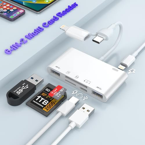 SD Card Reader for iPhone,6-in-2 Memory Card Reader with SD/TF Slot+2*USB+USB C Audio/PD60W+Lightning Charging Port,Plug & Play Lightning to USB Adapter,USB OTG Card Reader for iPhone 15/14/13/Samsung