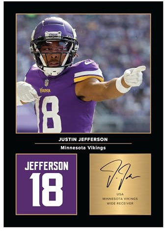 Icons Wall Art Justin Jefferson Minnesota Vikings signiertes A4-Foto, Geschenk für American Football-Fans, digital reproduzierte Unterschrift, ungerahmt