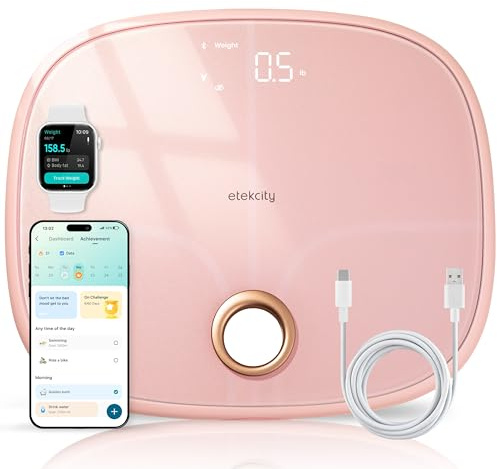 Etekcity Intelligente Waage für Körpergewicht, BMI, Fett, Muskelmasse, digitale Personenwaage mit 13 Metriken, Geheimmodus, Bluetooth-Verbindung zu kostenlosen Apps, Cotton Candy Pink