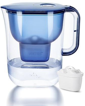 Watus Wasserfilter, Blaue Wasserfilterkanne, Enthält 1 Watus Kartuschen - Wasserfilterkanne (3,8 Liter), Trinkwasserfilterung zur Reduzierung von Kalk, Chlor, Blei und Kupfer im Leitungswasser.…
