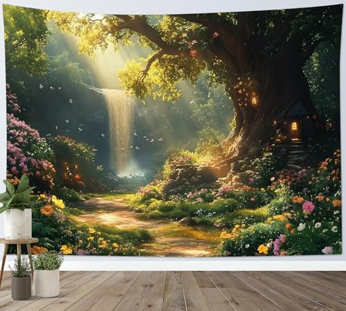 LB Wandteppich Zauberwald Wandtuch Baumhaus Grüne Pflanzen Lila Blume Wandbehang Natur Wasserfall Landschaft Tapisserie für Wohnzimmer Schlafzimmer Wohnheim Wanddeko,150x100cm