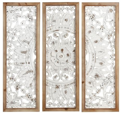 WREVERW Décoration Murale Rustique Lot de 3, Panneaux Mandala Sculptés Blancs avec Cadre en Bois, Finition Vieillie à la Main, Style Vintage Bohème pour Salon ou Chambre, 60x20cm Chacun