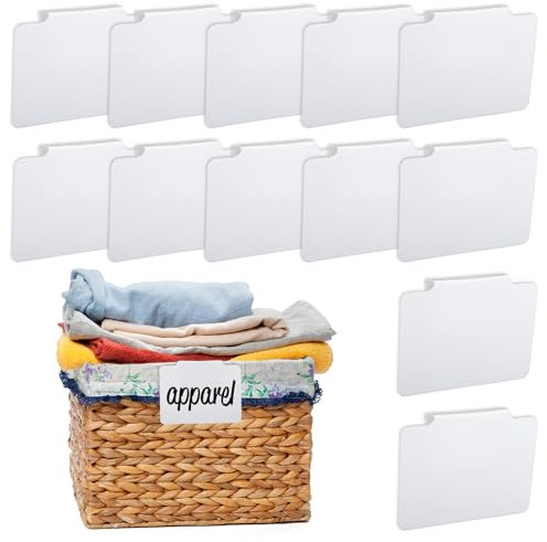 Tyqour 12 Pcs White Basket Labels, 3.5 X 2.7 in Basket Labels Clip On, Removable Erasable Reusable for Storage Bins Organizing Box Kitchen Linen Closet