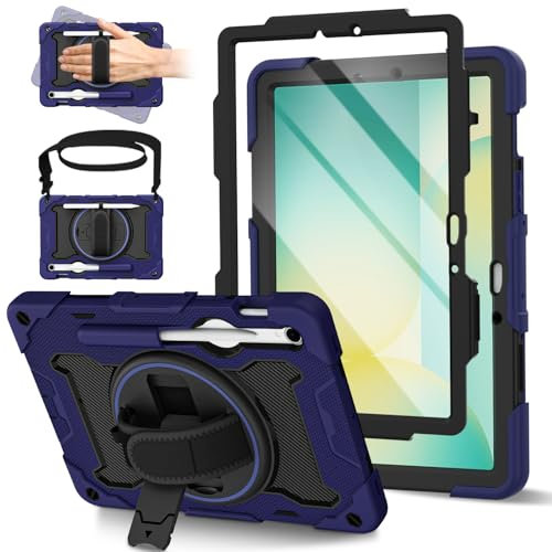 ROSROME Case for Samsung Galaxy Tab S10 Lite/S10 FE/ S9 FE 10.9-Inch/ S9 11-Inch with Screen Protector, Shockproof Kids Tablet Cover, 360°Rotating Stand/Shoulder Strap/Penicl Holder, Navy Blue