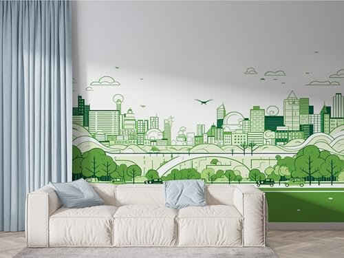 Boceoey Papier Peint Panoramique Vert Ville 3D - Motif Architecture Paysage Urbain - Décoration Murale pour Salon & Chambre, Intissé Autocollant Papier Mural, 450x315 cm N-117