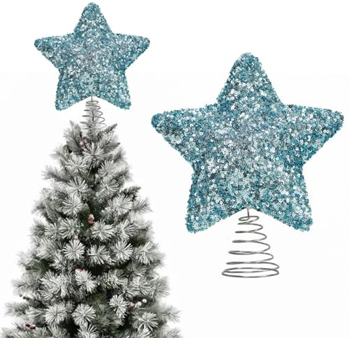 Puntale per albero di Natale con paillettes, stella glitterata da 18 cm, puntale per albero di Natale, scintillante decorazione natalizia per decorazioni natalizie (blu)