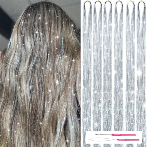 CharmeFleur Haar Glitzerkit Mit Werkzeugen 122cm 1200 Fäden Glitzer Tinsel Haarverlängerungen Funkelnde Glänzende Haar Tinsel Fäden Kit Wärmebeständig für Frauen Mädchen 6Stück (Silber)