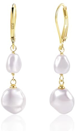 Silver 925 14K Gold Pearl Dangle Earrings Women Pearl Dangle Drop Earrings | KISSPAT Silver 925 14K Gold Pearl Dangle Earrings Women Pearl Pendant Dangle Drop Hanging Earrings Hypoallergenic Trendy