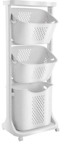 Laundry Basket Dirty Clothes Basket Three-Layer Storage Basket,with 4Wheels,with Handles,Top Load Capacity 5kg/10kg, for Bedrooms, Living Room, Bathroom,White