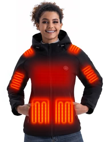 Heizjacke Damen mit Kapuze und 16000mAh Powerbank, Beheizbare Jacke Damen | 3 Temperaturstufen, 15 Heizzonen, Wasserabweisende Softshell, für Outdoor‑Aktivitäten im Winter, Maschinenwaschbar
