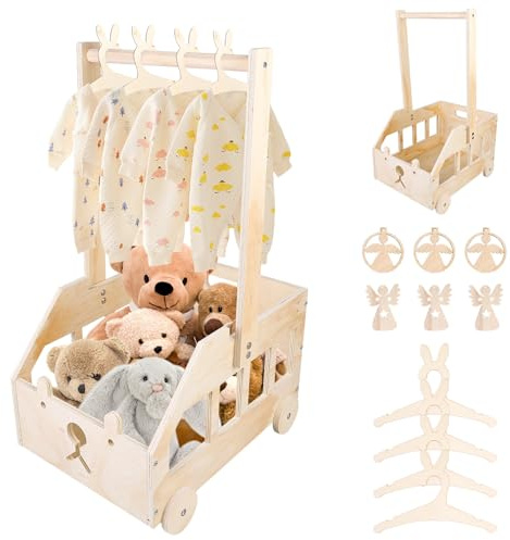 Babyparty Geschenk mit Griff, Baby Aufbewahrungskorb mit 4 Kinder Kleiderbügel ＆ 6 Engel-Tag, Holz Baby Geschenk Korb, Babykorb Neugeborene für Schwangere Neue Eltern, Ideal für Kleidung, Spielzeug