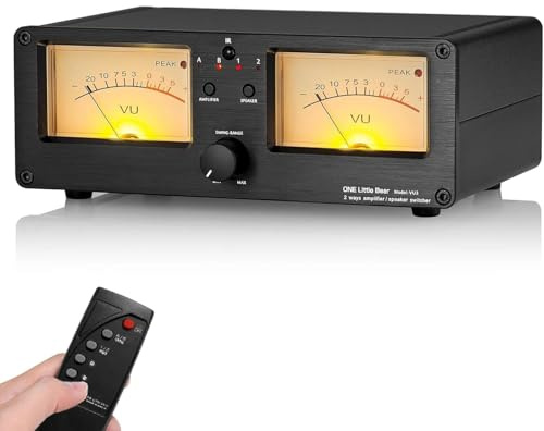 PODEC Dual Analog VU Meter, 2-Way Amplifier/Speaker Audio Switcher with DB Panel Display & Remote Control, 4 Levels Of Backlight Adjustable & 2 Sets Of Audio Switching Outputs, for Music Lovers