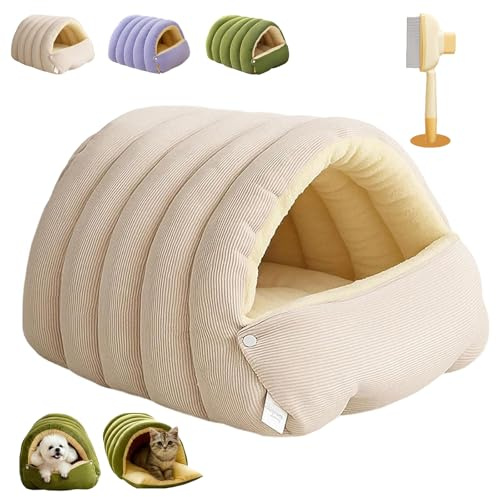 Ruileyou Abnehmbares und Waschbares, Geschlossenes Winter-Katzenbett, Mit abnehmbarem Kissen, geeignet für kleine Katzen und Hunde (Hellbeige, M（45 x 30 x 19 cm）)
