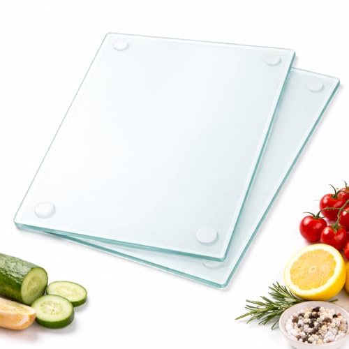 KIJUK 2 Stück Schneidebrett Glas, 30 x 20 cm Transparent, Spülmaschinenfest, Rutschfestes Glasschneidebrett für die Küche, Hygienisch, Kratzfest und Stilvolles Glas Schneidebrett für Obst und Gemüse
