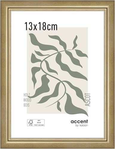 accent by nielsen Holz Bilderrahmen Ascot, 13 x 18 cm, Gold | Holz Fotorahmen im Hoch- & Querformat zum Auftstellen und Aufhängen Gold matt Echtglas