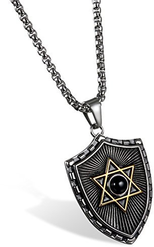 JewelryWe Schmuck Retro Herren Halskette, Edelstahl Schild Glücklich Jüdischen Davidstern Anhänger mit 60cm Kette, Schwarz Gold Silber