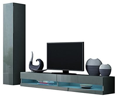 Wohnwand Vigo New IX, Design Mediawand, Modernes Wohnzimmer Set, Anbauwand, Hängeschrank TV Lowboard, (mit weißer LED Beleuchtung, Grau/Grau Hochglanz)