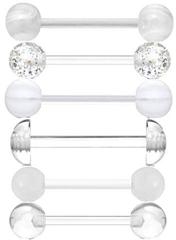 lot 6 Piercing transparent langue invisible fluo blanc demi boule blanche paillette