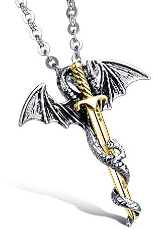 OSTAN Edelstahl Ketten mit Drache und Schwert Anhänger Halsketten Herren Schmuck Kette Herren Silber und Gold