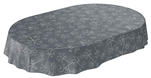 ANRO Tischdecke Wachstuch abwaschbar Wachstuchtischdecke Wachstischdecke Zweige Blätter Edel Silbereffekt Anthrazit Oval 200x140cm
