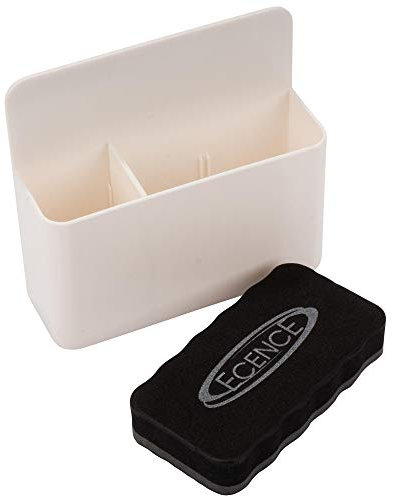 ECENCE Magnetic pen holder for Whiteboard Fridge, Marker Holder with two whiteboard sponge compartments for all magnetic surfaces, Magnetic Pen Pencil Holder, white