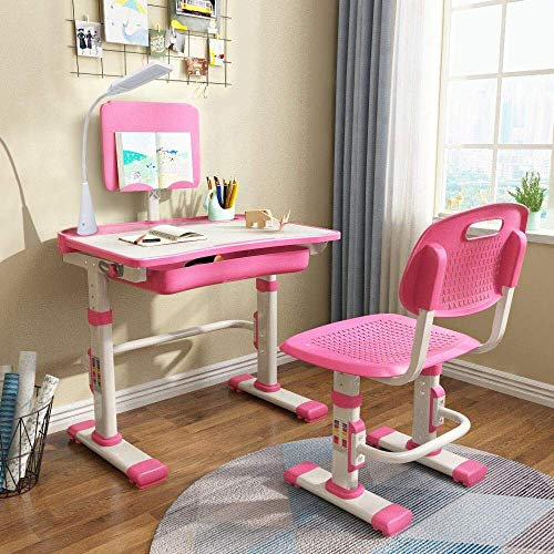 Yinleader Kinderschreibtischstuhl-Set, Höhenverstellbarer Multifunktions Schreibtisch und Stuhl, ergonomischer Rosa Schülerschreibtisch mit Lampe und Bücherständer Best Desk (Rosa)