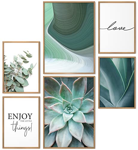 Papierschmiede® Mood Poster Set Green Love, Fertiges Bilder Set mit Rahmen (Holz, Natur), Wohnzimmer Deko Schlafzimmer, 2x DIN A3 und 4x DIN A4, Eukalyptus Agave Aloe Vera Grün