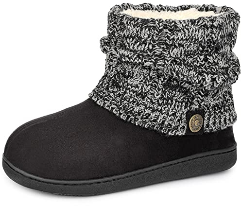 FamilyFairy Women's Woolen Yarn Knit Bootie Slippers Comfy Warm Plush Fleece Memory Foam House Shoes for Indoor Outdoor Black, 7-8
