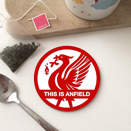 BigBazza Round Circle Wood Gift Coaster Coffee Tea Office Kitchen Novelty Cup Work Mug - This is Anfield Red Football Fan inspired