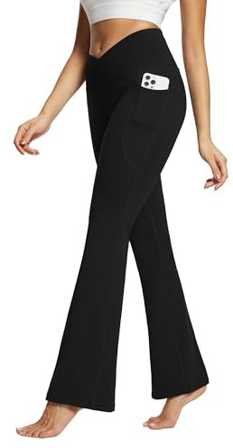 baleaf Damen Yogahose mit Taschen Schlaghose Stoff Flare Leggings Bauchkontrolle Sporthose Stretch Hohe Taille Schwarz 32 XL