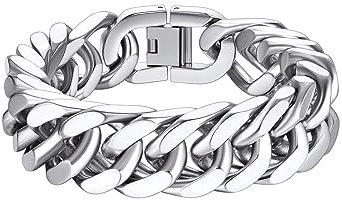 Richsteel Mens Bracelets Silver Stainless Steel 21cm Cuban Link Bracelet Chain Bangle Jewellery For Women