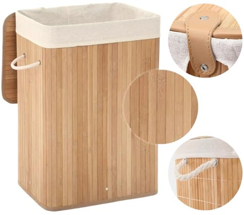 Cesto de Bambú con Tapa para la Ropa Sucia Compartimento Cubo Colada Lavanderia Plegable con Asa de Cuerda Cesta de Almacenamiento Organizador Cubierta Bolsa Extraíble Laundry Basket (Natural)