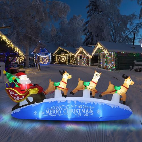 Funflatable Aufblasbarer Weihnachtsmann mit Rentier-Schlitten mit LED-Lichtern, für drinnen und draußen, 3 m lang, aufblasbar, Weihnachtsschmuck