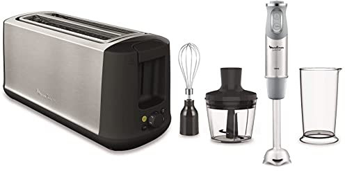 Moulinex Subito Select LS342D Tostadora, 2 ranuras largas, 7 niveles de tostado, descongela, recalienta Negro & QuickChef DD655D Batidora de Mano de 1000 W
