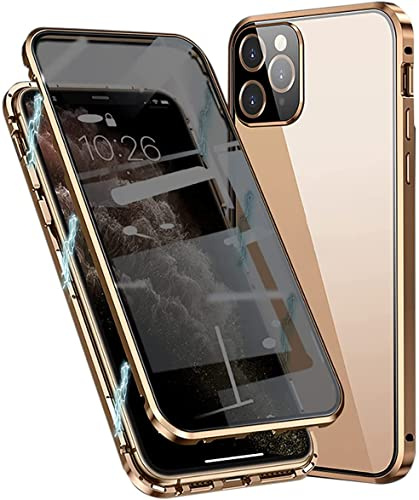 SIMao Sichtschutz Screen für iPhone 14 Hülle, 360 Grad Protector Schutzhülle mit Kameraschutz, Magnetische Adsorption Metall Handyhülle, Privatsphäre Schutzfolie Gehärtetes Glas Case,Gold